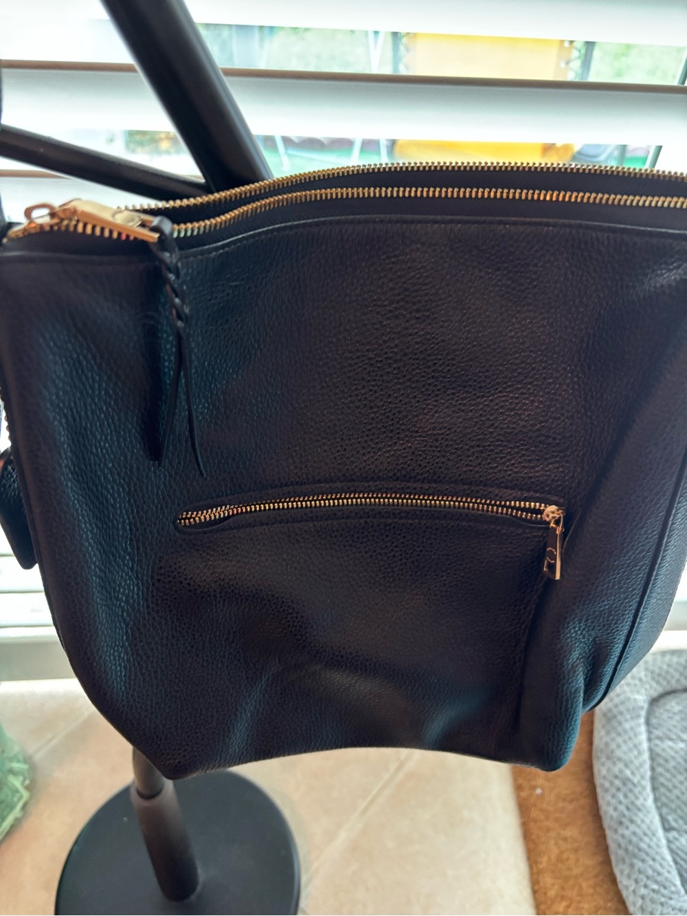 Black Leather Shoulder Bag with Gold Zippers